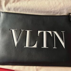Valentino Garavani Black Leather Clutch with White Logo